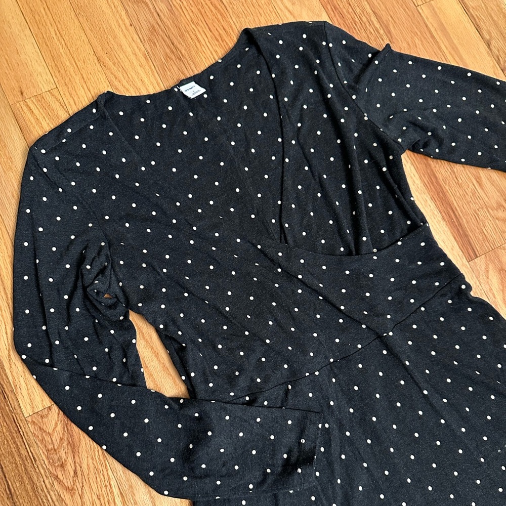 Old Navy Mock Wrap Dress – Small – Charcoal Gray Polka Dot – Fit & Flare